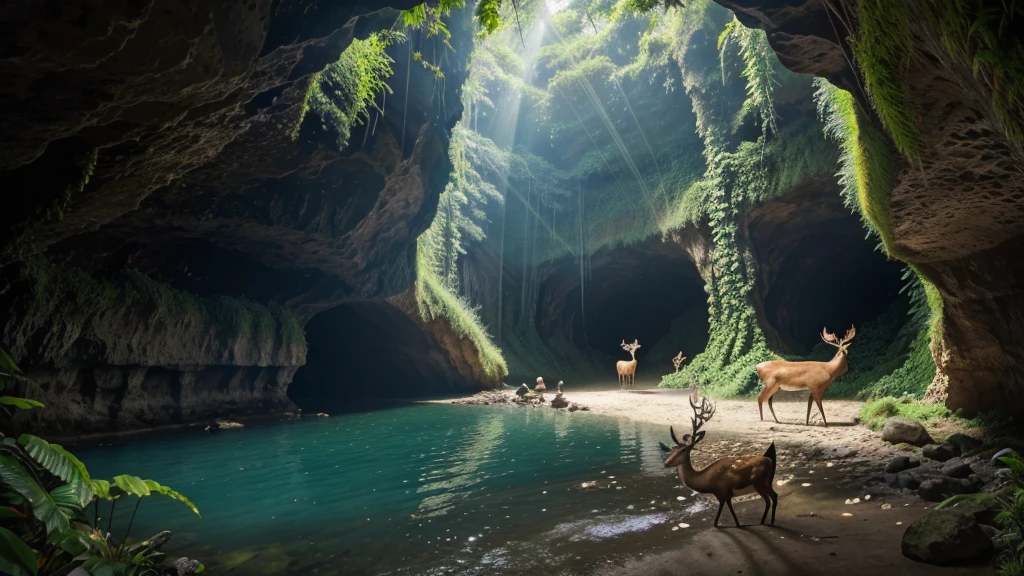 arafed image of a cave with a deer and a bird in it, bali, natural landscape, website, nature landscape, adventure, best on adobe stock, jungle nature, nature documentary, majestic nature scenery, tourist destination, on textured base; store website, full of nature, website banner, nature show, nature background, incredible creative screenshot, nature