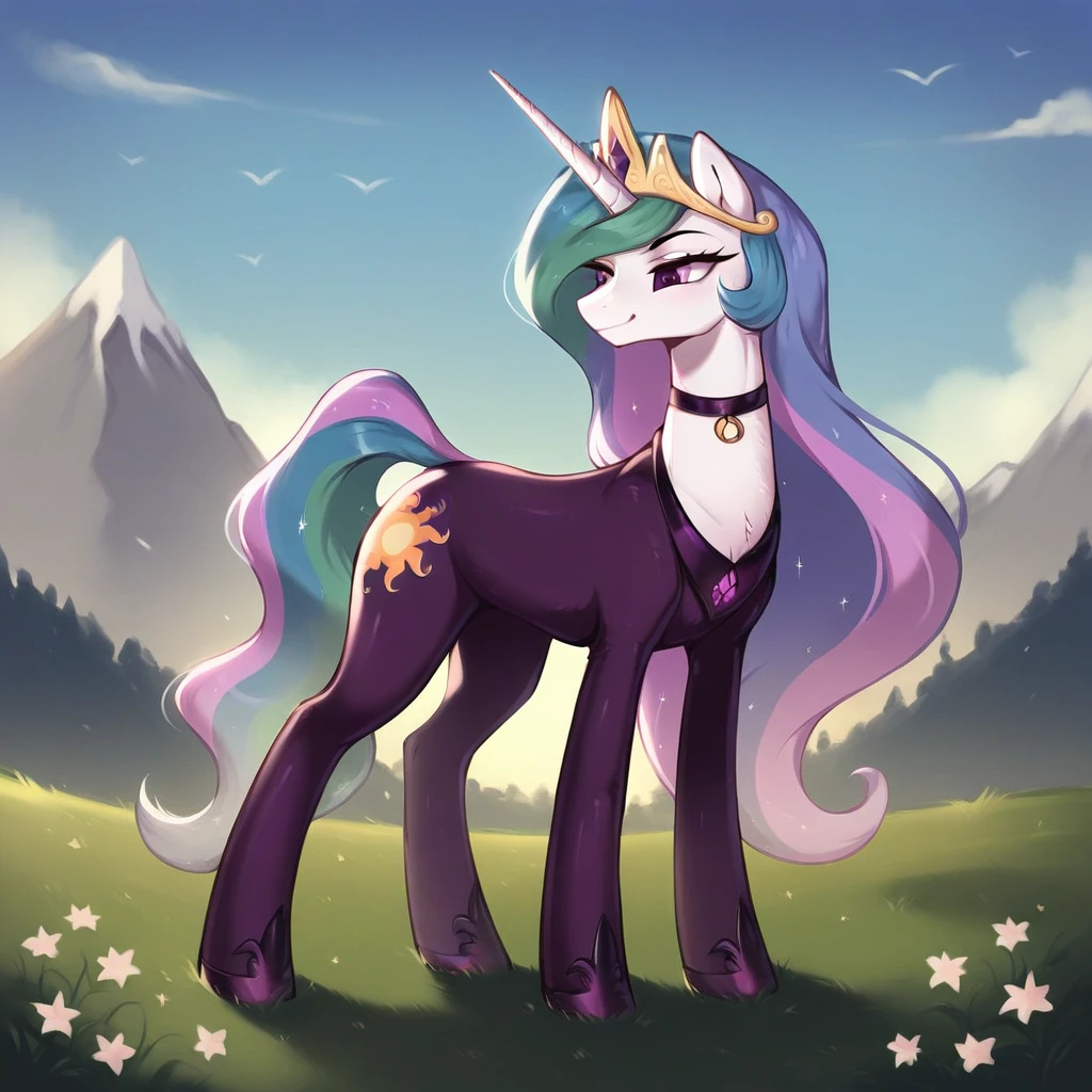 score_9, score_8_up, score_7_up, score_6_up, score_5_up, score_4_up, rating_explicit, outdoors, purple (pantyhose and neck choker), solo, feral pony, princess  celestia, evil smile, closed mouth,BREAK mountain, day, sky, flower, kingdom, blue sky, grass 