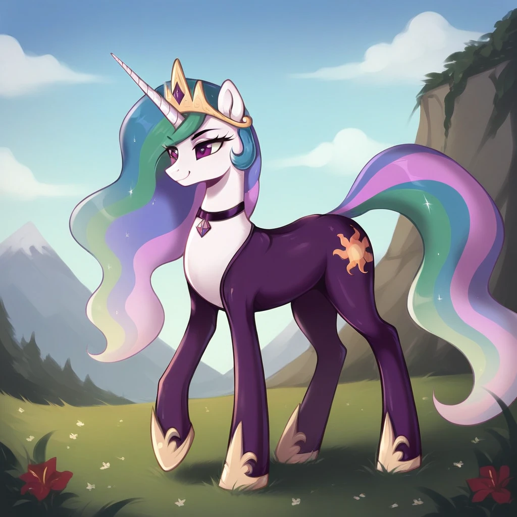 score_9, score_8_up, score_7_up, score_6_up, score_5_up, score_4_up, rating_explicit, outdoors, purple (pantyhose and neck choker), solo, feral pony, princess  celestia, evil smile, closed mouth,BREAK mountain, day, sky, flower, kingdom, blue sky, grass 