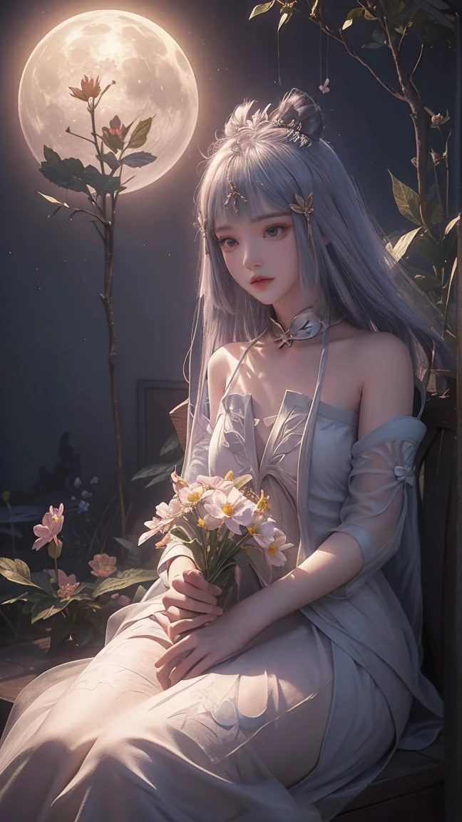 1girl, girl with long white hair, smiling, cheerful, girl is sitting among a wide expanse of flowers, surrounded by beautiful flowers, Calm and peaceful atmosphere, night, moonlight , Beautiful glowing butterflies surround the girl lighting up the darkness of the night, magic,Romantic, the night breeze blows the Sepoi Sepoi girl's hair, 