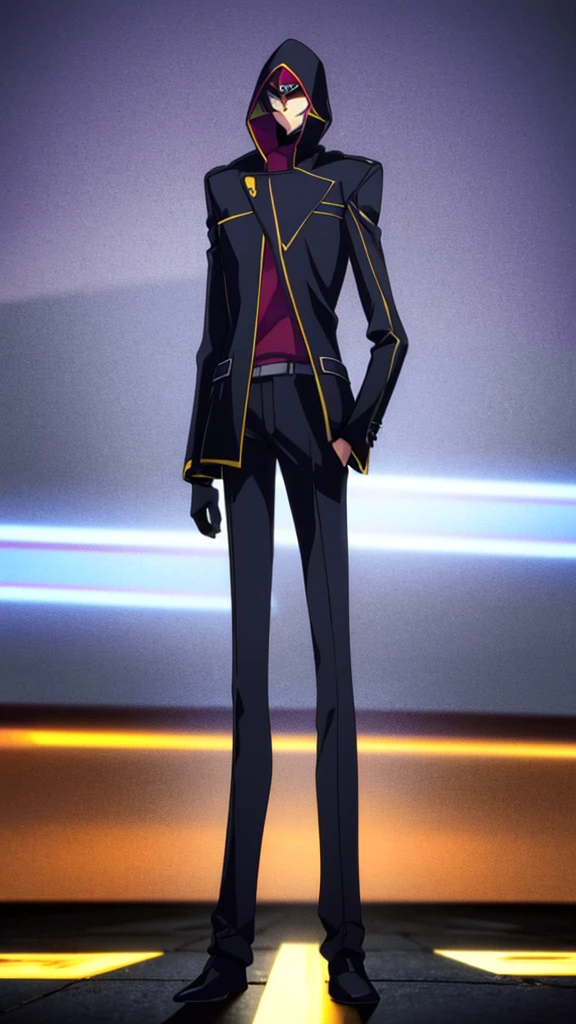 Male, teenager, vigilante, wearing dark clothes, a coat, and a mask, athletic build, hands in pockets, standing at attention, nighttime setting, lone figure, facing viewer, fully in frame, full body shot, Code Geass style, codeGeass, CODEGEASS