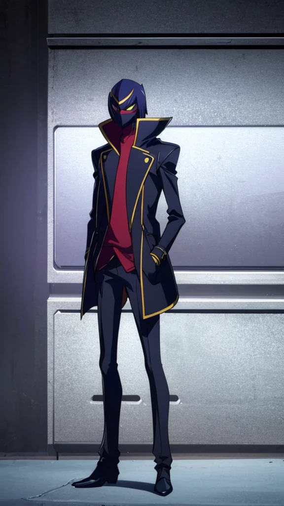 Male, teenager, vigilante, wearing dark clothes, a coat, and a mask, athletic build, hands in pockets, standing at attention, nighttime setting, lone figure, facing viewer, fully in frame, full body shot, Code Geass style, codeGeass, CODEGEASS