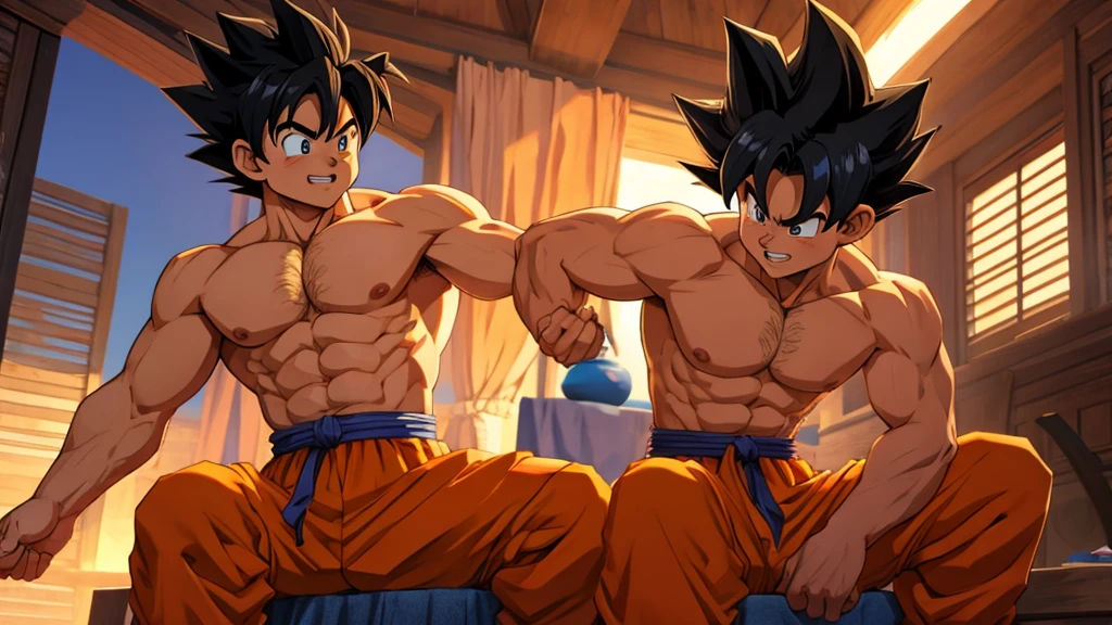 Son Goku and Son Gohan, naked, jerking off, Big hairy Chest