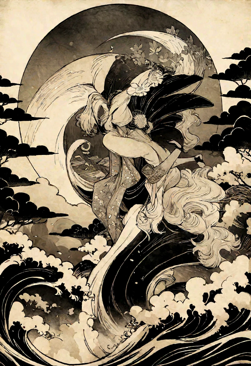 best quality, very good, 16K, Ridiculous, Extremely detailed, 2.5D, delicate and dynamic, Structural anatomy of Mount Xumi,Japanese painting Ukiyo-e and woodblock print style, Modern artwork with classical inlay craftsmanship, Complex and strange shapes, Mysterious shape, beauty, Rich colors, Sepia tones, monochrome