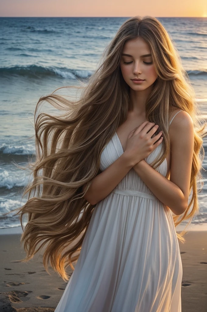 I would like the painting to represent an intimate moment when hands gently immerse themselves in the hair, creating an atmosphere of peace and security. Please present soft waves of hair that symbolize mysterious dreams and warm, tender touches. The painting should convey the impression of a summer evening with the gentle sound of the wind.”