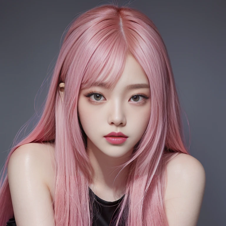 there is a woman with pink hair and a red dress posing ojos azules profundos, portrait of jossi de blackpink, roseanne park by blackpink, jossi de blackpink, Lalisa Manoban of Blackpink, lalisa manobal, with pink hair, her face looks like an orchid, the hime cut, jia, jinyoung shin, sun yunjoo, pink smooth fur, shikami,  korean woman, korean female fashion model, heonhwa choe, beautiful chinese model, jennie pink black, jinyoung shin, gongbi, Lee Ji Eun, Lee Ji Eun, jaeyeon nam