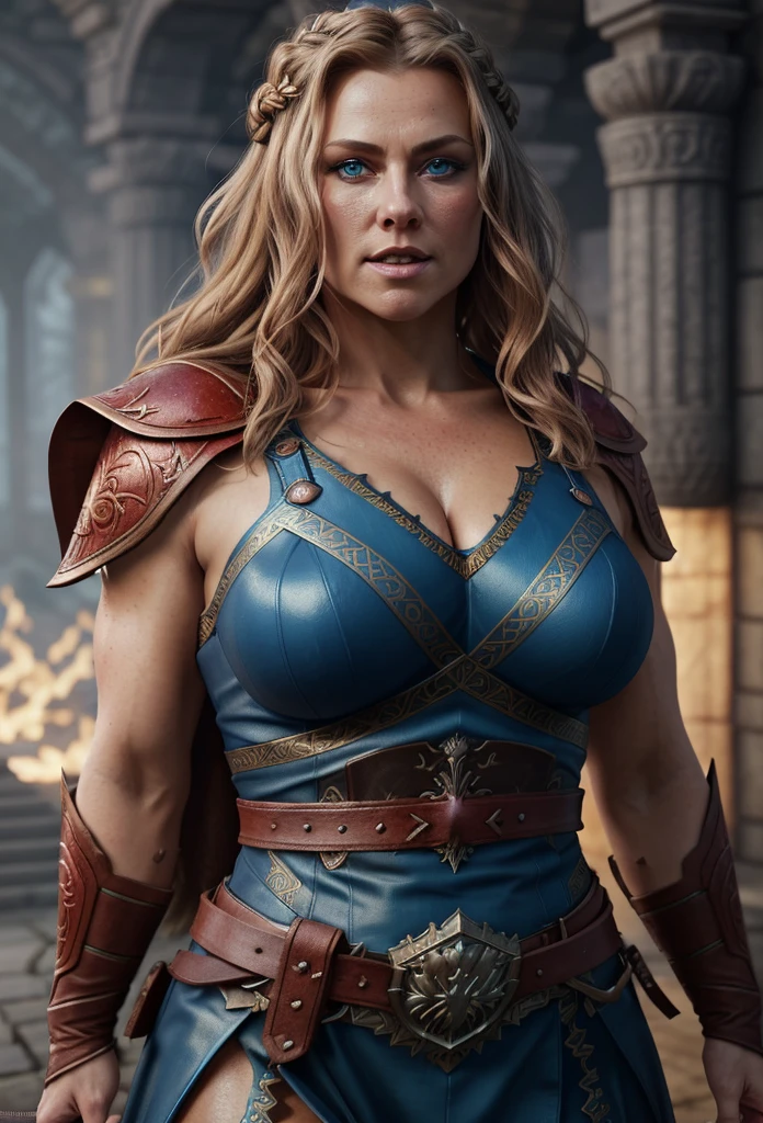 Full body Portrait of the Great Nordic Queen, a very gorgeous woman, 50 years old, thick healthy body, erotic warrior costumes, dark red styled fluffy hair, natural Blue eyes, a nose with a bump, an elongated chin, dressed in ancient national,
8k resolution, dynamic lighting hyperdetailed intricately detailed Splash art trending on Artstation triadic colors Unreal Engine 5 volumetric lighting, oil painting, heavy strokes