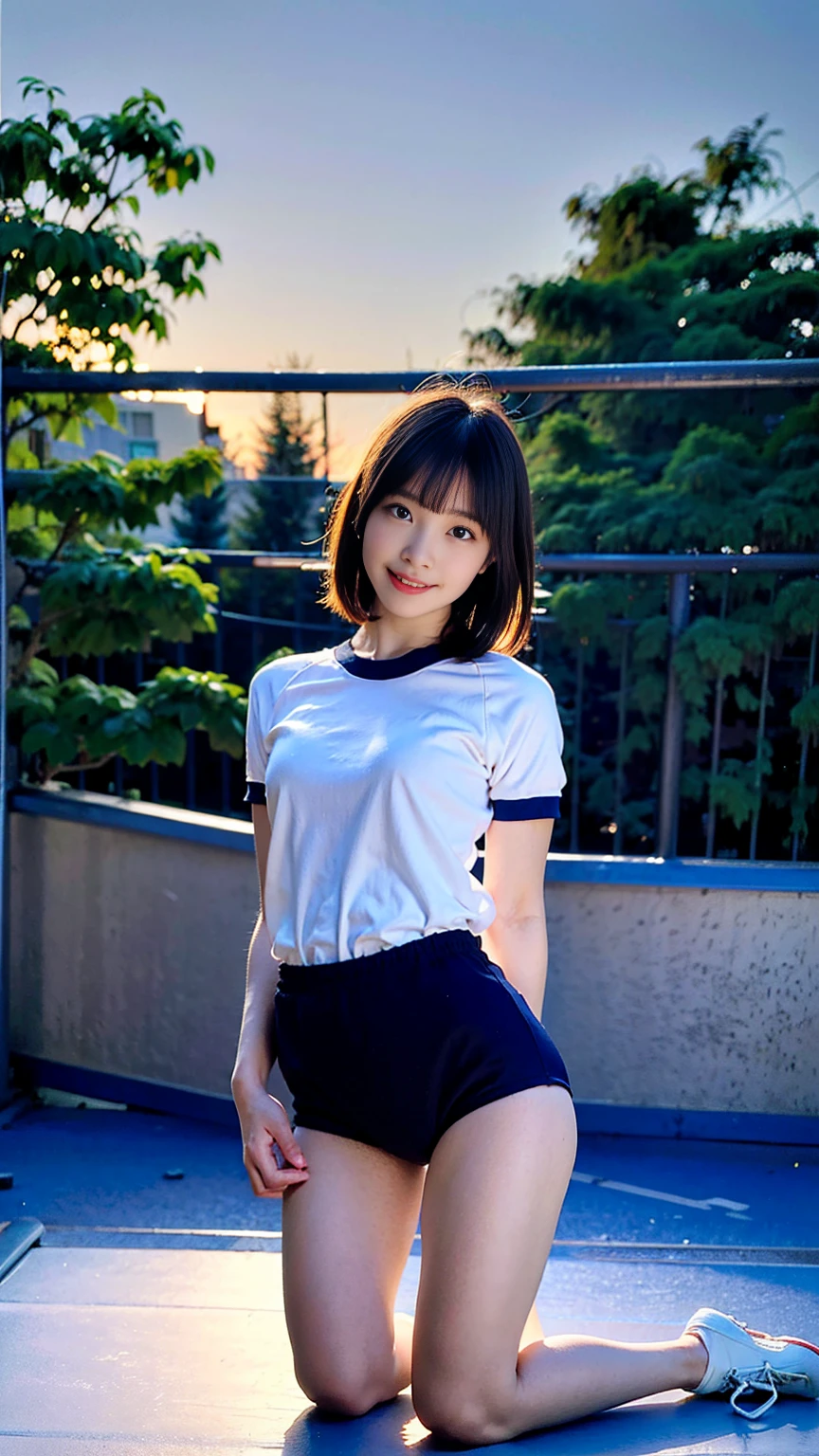 masterpiece, ultra high res, (photorealistic:1.4), 8k, RAW photo, best quality, detailed shadow, sharp focus, bloom, (bokeh:1.3), (blue Hour Light:1.6), (Kneeling pose:1.5), (cowboy shot:1.3), BREAK 1girl, (huge :1.2), (light brown short hair:1.6), (pixie cut:1.4), (bangs:1.3),(abs:0.5), (narrow waist:1.8), (skinny:1.5), (collabones:1), (wide forehead:1.3), (fair skin:1.5), (transparent skin:1.5), (towering:1.2), (smile:1.4), (embarrasshed:1.4), (shy:1.5), (open mouth:1.5), (18 years old:1.5), (tight Japanese Gym Uniform:1.6), (tight black buruma:1.6), (latex:1.1), beachside, cozy cottage, sand, seashells, white picket fence, inviting, homey, ocean view, (smile:1.3)