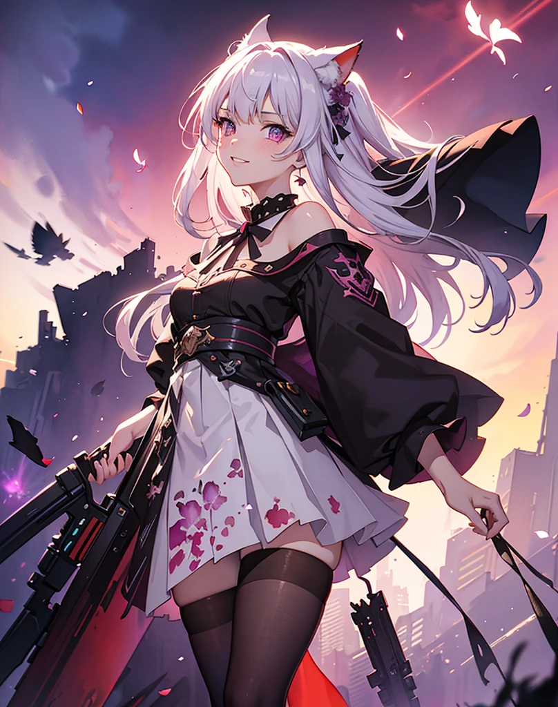 masterpiece, best quality, 1girl, (colorful),(finely detailed beautiful eyes and detailed face),bust shot,extremely detailed CG unity 8k wallpaper,white hair,solo,smile, cool skirt,((flying petal)),(Flowery meadow) sky, cloudy_sky, building, moonlight, moon, night, (dark theme:1.3), light,fantasy, high contrast hdr, ink strokes, over exposure, purple and red tone impression , abstract, ((watercolor painting by John Berkey and Jeremy Mann )) brush strokes, negative space,black pantyhose, ((pink giant laser sword)), studio ufotable style, demon slayer, white hair, ((neko ears)), aesthetic scenery, best Anime of the year, cool eyes