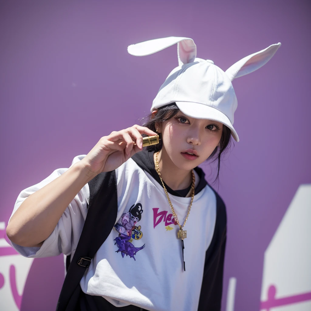 The masterpiece White Rabbit wears hip-hop fashion clothes and smokes with hip-hop gold necklace. High-end cool lavender background wall with hand-painted letters and graffiti is very delicate