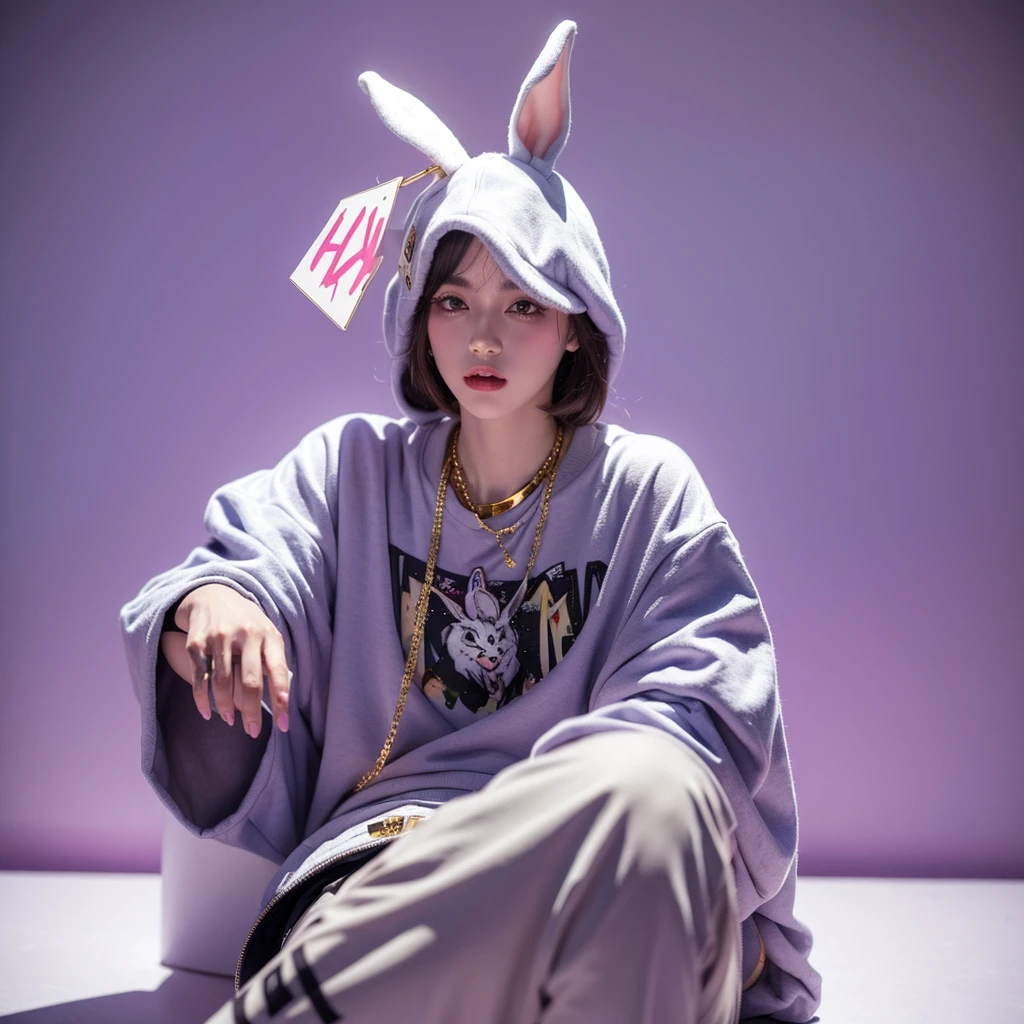 The masterpiece White Rabbit wears hip-hop fashion clothes and smokes with hip-hop gold necklace. High-end cool lavender background wall with hand-painted letters and graffiti is very delicate
