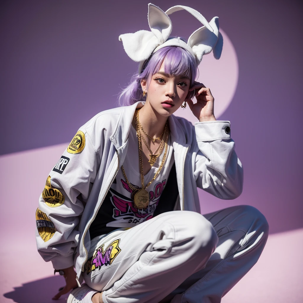 The masterpiece White Rabbit wears hip-hop fashion clothes and smokes with hip-hop gold necklace. High-end cool lavender background wall with hand-painted letters and graffiti is very delicate
