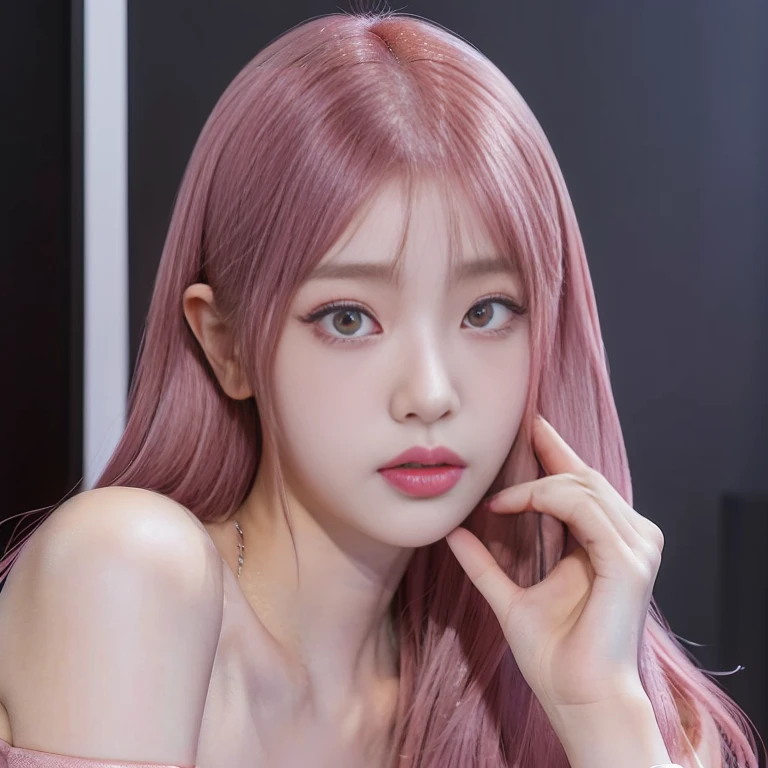 there is a woman with pink hair and a red dress posing ojos azules profundos, portrait of jossi de blackpink, roseanne park by blackpink, jossi de blackpink, Lalisa Manoban of Blackpink, lalisa manobal, with pink hair, her face looks like an orchid, the hime cut, jia, jinyoung shin, sun yunjoo, pink smooth fur, shikami,  korean woman, korean female fashion model, heonhwa choe, beautiful chinese model, jennie pink black, jinyoung shin, gongbi, Lee Ji Eun, Lee Ji Eun, jaeyeon nam