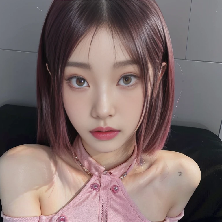 there is a woman with pink hair and a red dress posing ojos azules profundos, portrait of jossi de blackpink, roseanne park by blackpink, jossi de blackpink, Lalisa Manoban of Blackpink, lalisa manobal, with pink hair, her face looks like an orchid, the hime cut, jia, jinyoung shin, sun yunjoo, pink smooth fur, shikami,  korean woman, korean female fashion model, heonhwa choe, beautiful chinese model, jennie pink black, jinyoung shin, gongbi, Lee Ji Eun, Lee Ji Eun, jaeyeon nam