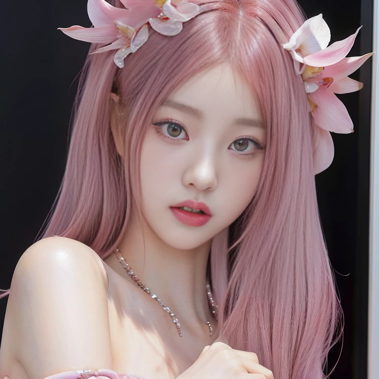 there is a woman with pink hair and a red dress posing ojos azules profundos, portrait of jossi de blackpink, roseanne park by blackpink, jossi de blackpink, Lalisa Manoban of Blackpink, lalisa manobal, with pink hair, her face looks like an orchid, the hime cut, jia, jinyoung shin, sun yunjoo, pink smooth fur, shikami, korean woman, korean female fashion model, heonhwa choe, beautiful chinese model, jennie pink black, jinyoung shin, gongbi, Lee Ji Eun, Lee Ji Eun, jaeyeon nam