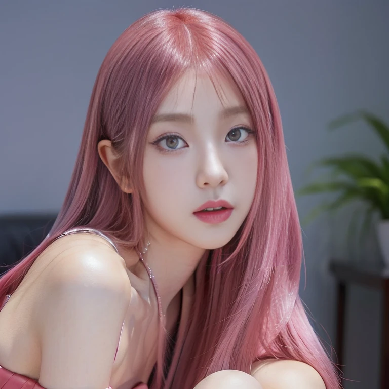 there is a woman with pink hair and a red dress posing ojos azules profundos, portrait of jossi de blackpink, roseanne park by blackpink, jossi de blackpink, Lalisa Manoban of Blackpink, lalisa manobal, with pink hair, her face looks like an orchid, the hime cut, jia, jinyoung shin, sun yunjoo, pink smooth fur, shikami,  korean woman, korean female fashion model, heonhwa choe, beautiful chinese model, jennie pink black, jinyoung shin, gongbi, Lee Ji Eun, Lee Ji Eun, jaeyeon nam