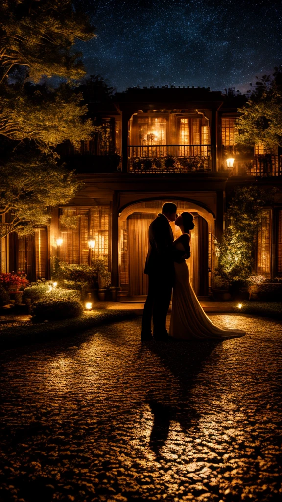 a couple in love, starry night sky, flames of passionate kisses, maze of desire, warm breath in twilight, intimate magical setting, soft atmospheric lighting, photorealistic, cinematic, elegant romantic, vivid colors, intricate details, dramatic chiaroscuro