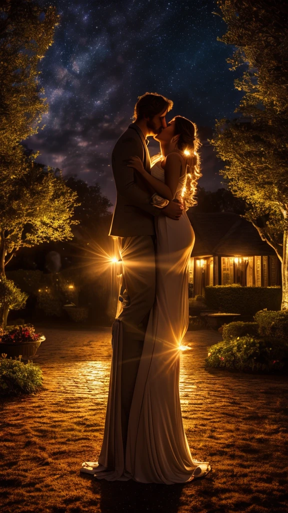 a couple in love, starry night sky, flames of passionate kisses, maze of desire, warm breath in twilight, intimate magical setting, soft atmospheric lighting, photorealistic, cinematic, elegant romantic, vivid colors, intricate details, dramatic chiaroscuro