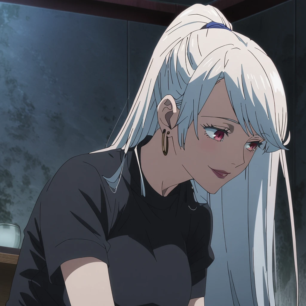 1girl, female gojo satoru, anime screencap from jujutsu kaisen, gojo satoru female version, solo, long_hair, Red eyes ((White_hair, swept bangs)), night view, (hanging breasts) upper_body, smile, indoors, book, red_eyes, lips, (high ponytail) ((wearing casual outfit)) breast, "very detailed and high resolution" (Red eyes) ((long hair)) ((solo)) (front view) (earings) ((high resolution)) ((good quality)) ((swept bangs))cleavage