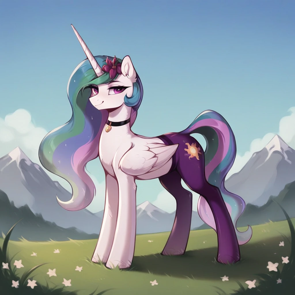 score_9, score_8_up, score_7_up, score_6_up, score_5_up, score_4_up, rating_explicit, outdoors, purple (pantyhose and neck choker), solo, feral pony, princess  celestia, evil smile, closed mouth,BREAK mountain, day, sky, flower, kingdom, blue sky, grass 