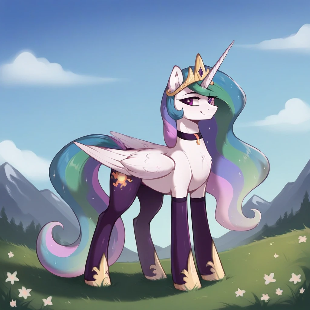 score_9, score_8_up, score_7_up, score_6_up, score_5_up, score_4_up, rating_explicit, outdoors, purple (pantyhose and neck choker), solo, feral pony, princess  celestia, evil smile, closed mouth,BREAK mountain, day, sky, flower, kingdom, blue sky, grass 