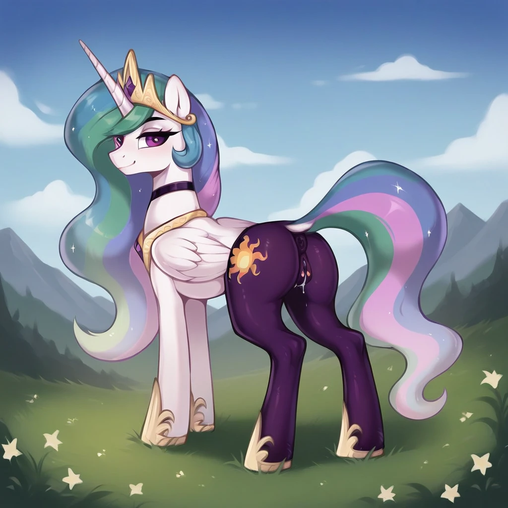 score_9, score_8_up, score_7_up, score_6_up, score_5_up, score_4_up, rating_explicit, outdoors, purple (pantyhose and neck choker), solo, feral pony, princess  celestia, evil smile, closed mouth,BREAK mountain, day, sky, flower, kingdom, blue sky, grass 