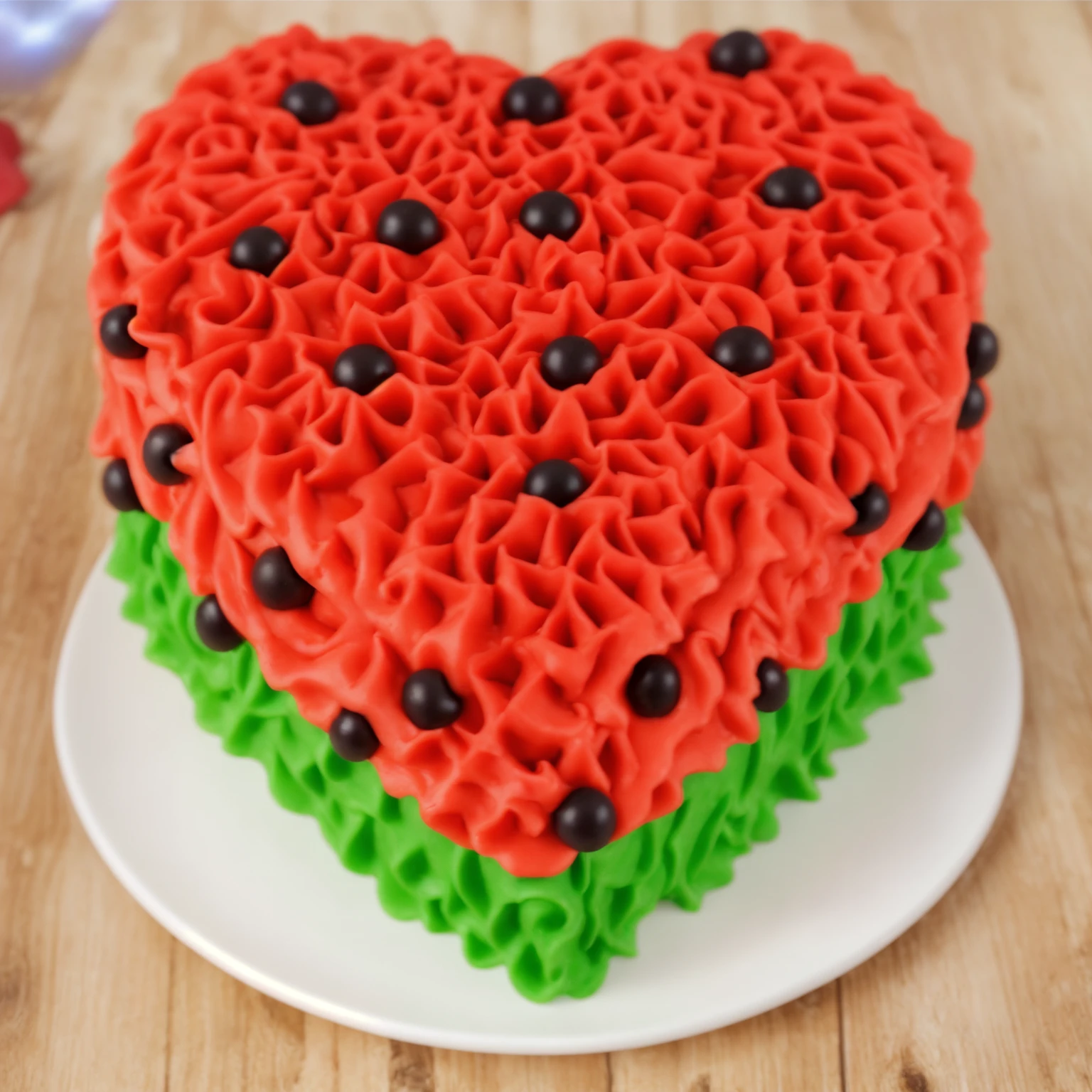 on a wooden table, there is a heart-shaped cake on a white plate,. red and green cream cake. Multiple light sources, bright lighting, Realistic style , realistic texture, detailed texture, A high resolution, high quality, macro photo, ultra hd 4k quality.