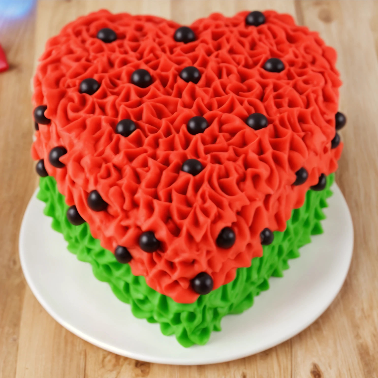 on a wooden table, there is a heart-shaped cake on a white plate,. red and green cream cake.  Multiple light sources, bright lighting, Realistic style , realistic texture, detailed texture, A high resolution, high quality, macro photo, ultra hd 4k quality.