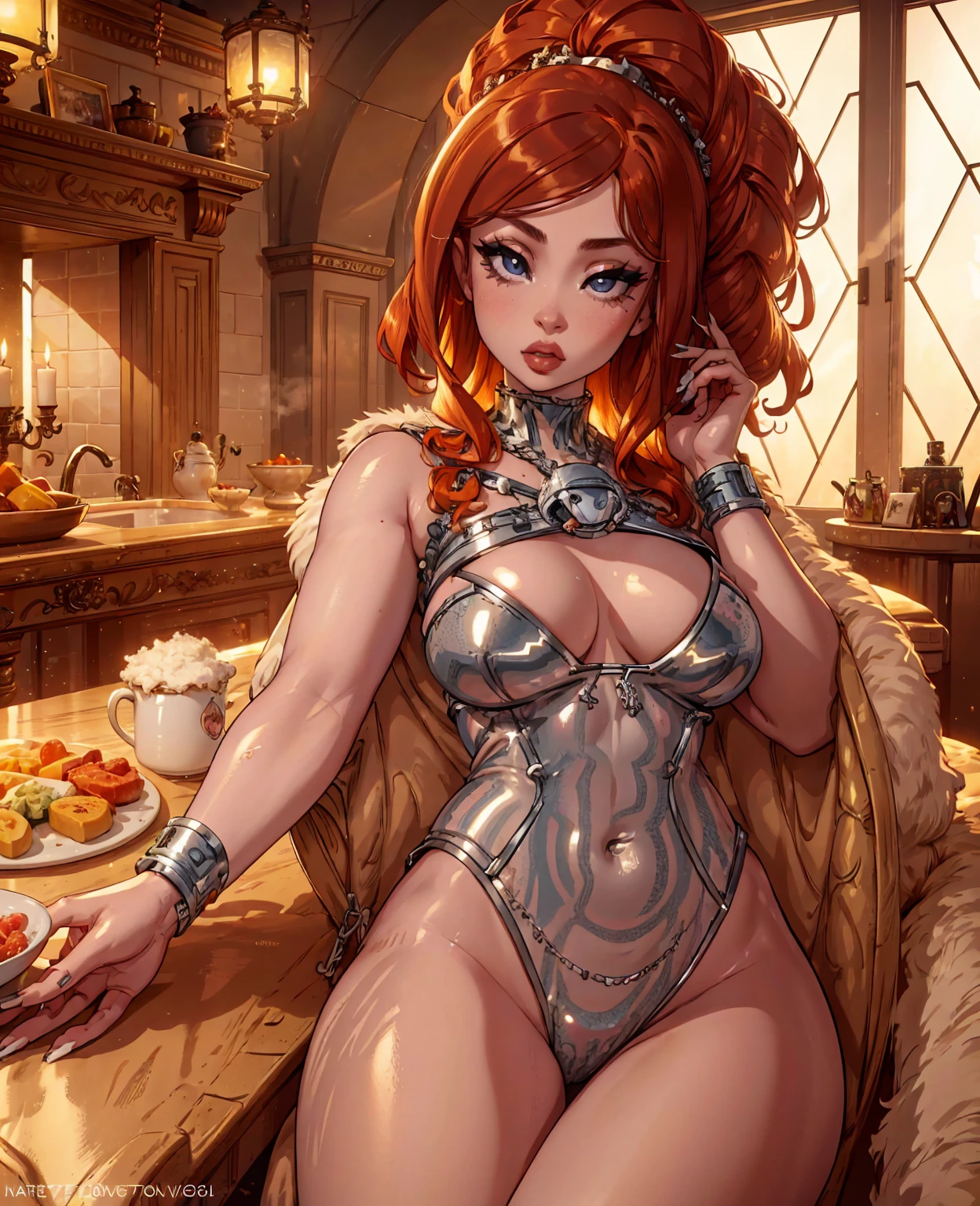 a sexy redhead girl, ice spice rapper, beautiful detailed eyes, beautiful detailed lips, extremely detailed face, long eyelashes, in a modern interior, jacuzzi, studio lighting, dramatic lighting, cinematic composition, digital art, photorealistic, highly detailed, 8k, vibrant colors, moody lighting