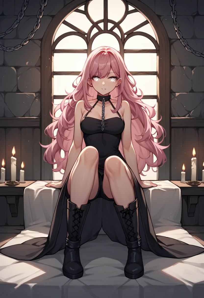 score_9, score_8_up, score_7_up, score_6_up, score_5_up, score_4_up, source_anime, 1 woman ,room, pink hair, long hair, white eyes, w-w-chain, loose hair, black dress,shorts,black over the knee boots, stockings ,night, candles , dungeon, best quality, best res, 4K UHD,
 