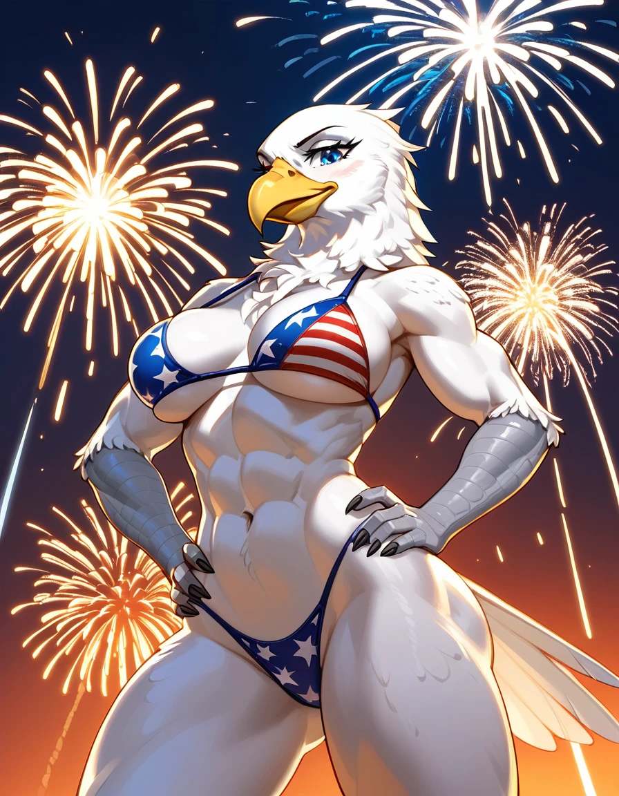 score_9,score_8_up,score_7_up, source_furry, an Anthro avian bald eagle, female, tall, athletic body, wearing a bikini with the American flag design on it, blue eyes, hands on her hips, fireworks behind her