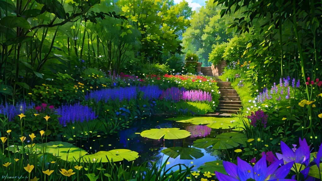 Wonderland  in a verdant ambience, house nearby pond, flower, 