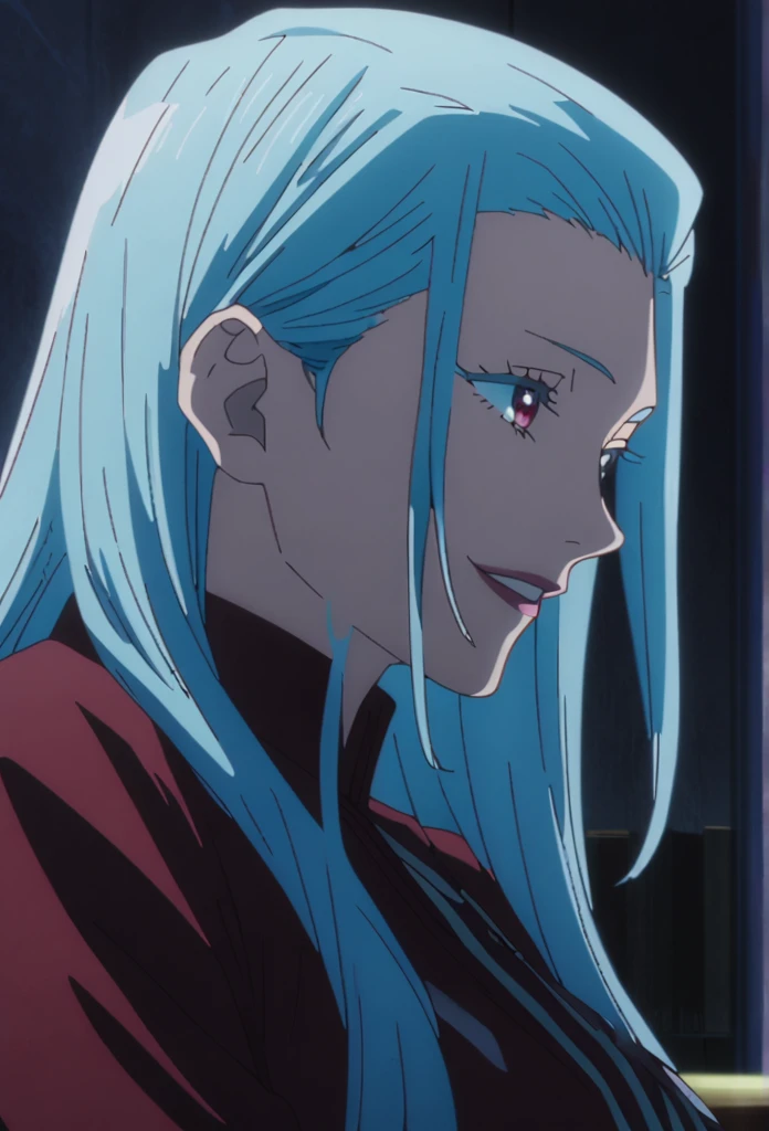 1girl, female gojo satoru, anime screencap from jujutsu kaisen, gojo satoru female version, solo, long_hair, Blue eyes ((Blue_hair)), night view, breasts, upper_body, smile, indoors, book, bangs, red_eyes, lips, (slicked back)) wearing an elegant red dress with thin straps, breast, "very detailed and high resolution" (Blue eyes) ((cross arms))  ((long hair)) ((solo)) (front view)
