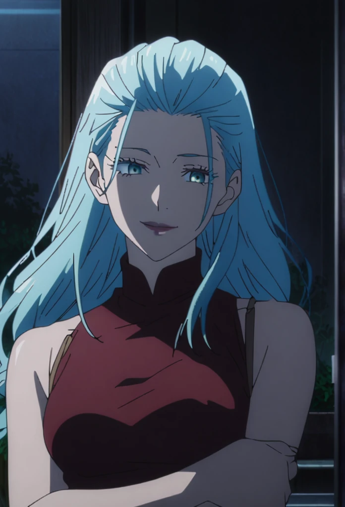 1girl, female gojo satoru, anime screencap from jujutsu kaisen, gojo satoru female version, solo, long_hair, Blue eyes ((Blue_hair)), night view, breasts, upper_body, smile, indoors, book, bangs, red_eyes, lips, (slicked back)) wearing an elegant red dress with thin straps, breast, "very detailed and high resolution" (Blue eyes) ((cross arms))  ((long hair)) ((solo)) (front view)