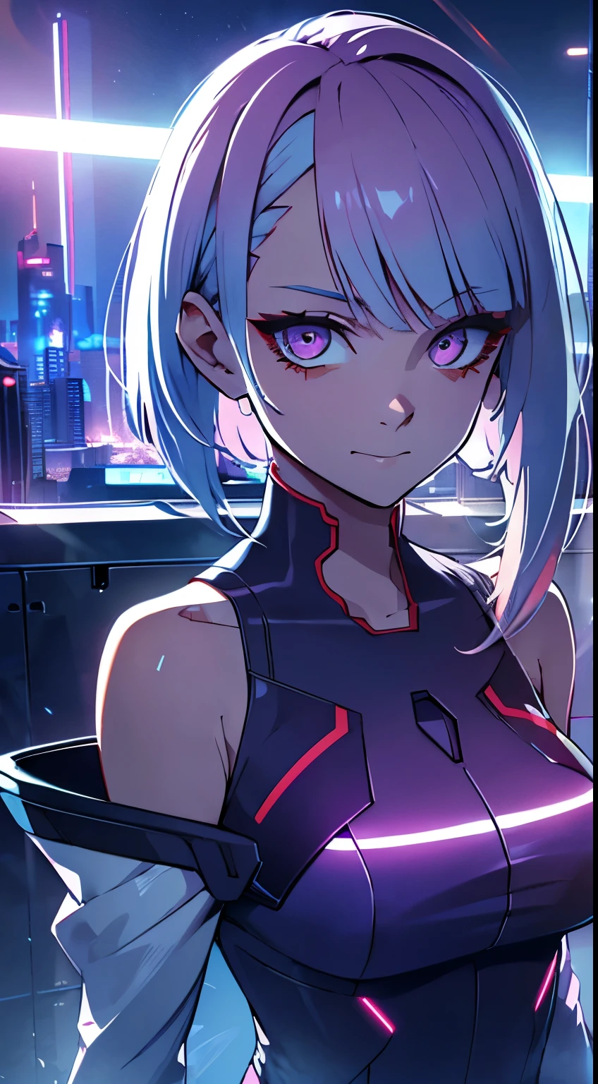 Ultra-realistic 8K CG，tmasterpiece，（（Ultra detailed backgrounds，delicate patterns，Complicated details）），Best quality at best，very vey very detailed face，very detailed eyes and faces，Very detailed eyes , Lucy (cyberpunk edgerunners)，O cabelo multicolorido，bangs，hair intakes，red-purple eye，smile at viewer , neon,（futuristic city：1.2），futuristc skyline， night sky ，rays of neon light ，Tyndall effect，Gradient_sky，the face，beautiful sky，captivating posture，（Large breasts:1.3)，（cleavage:1.3)，（Off-the-shoulder attire:1.5)
