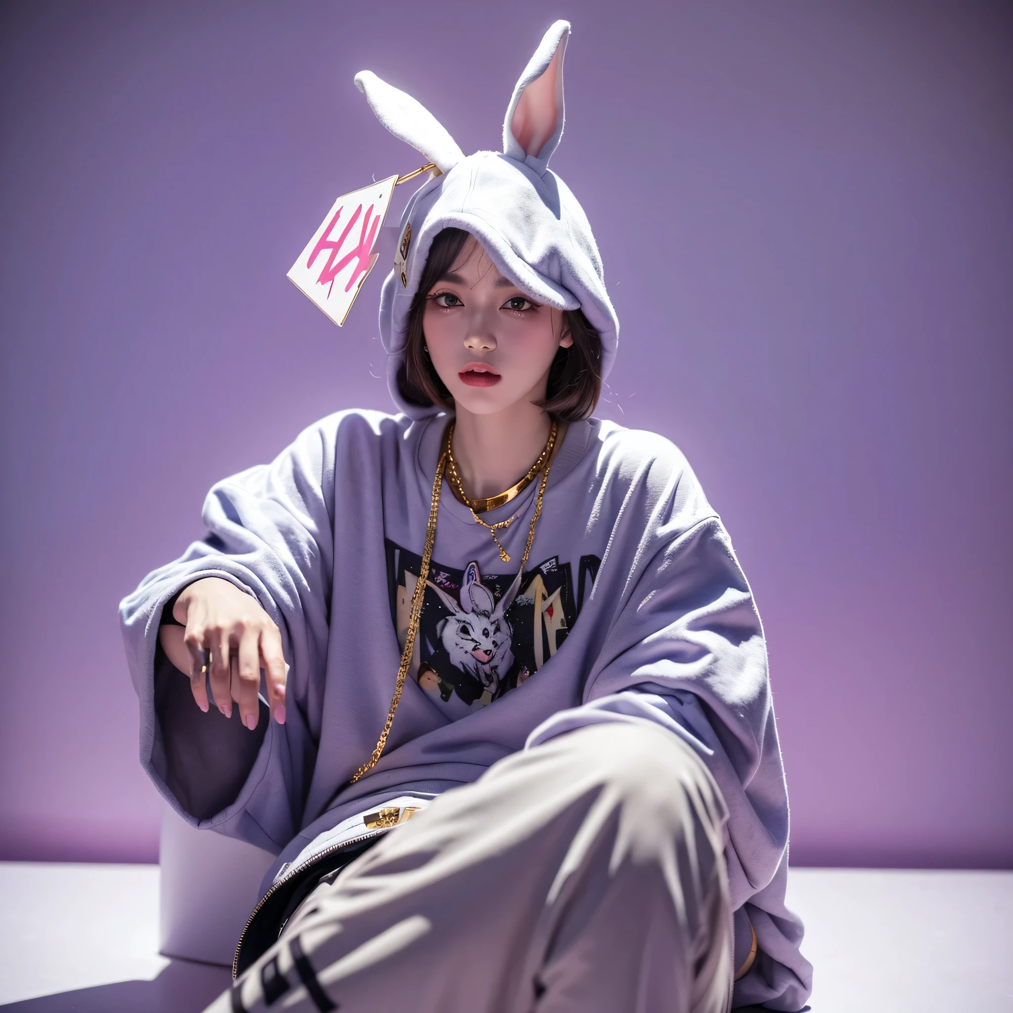 The masterpiece White Rabbit wears hip-hop fashion clothes and smokes with hip-hop gold necklace. High-end cool lavender background wall with hand-painted letters and graffiti is very delicate