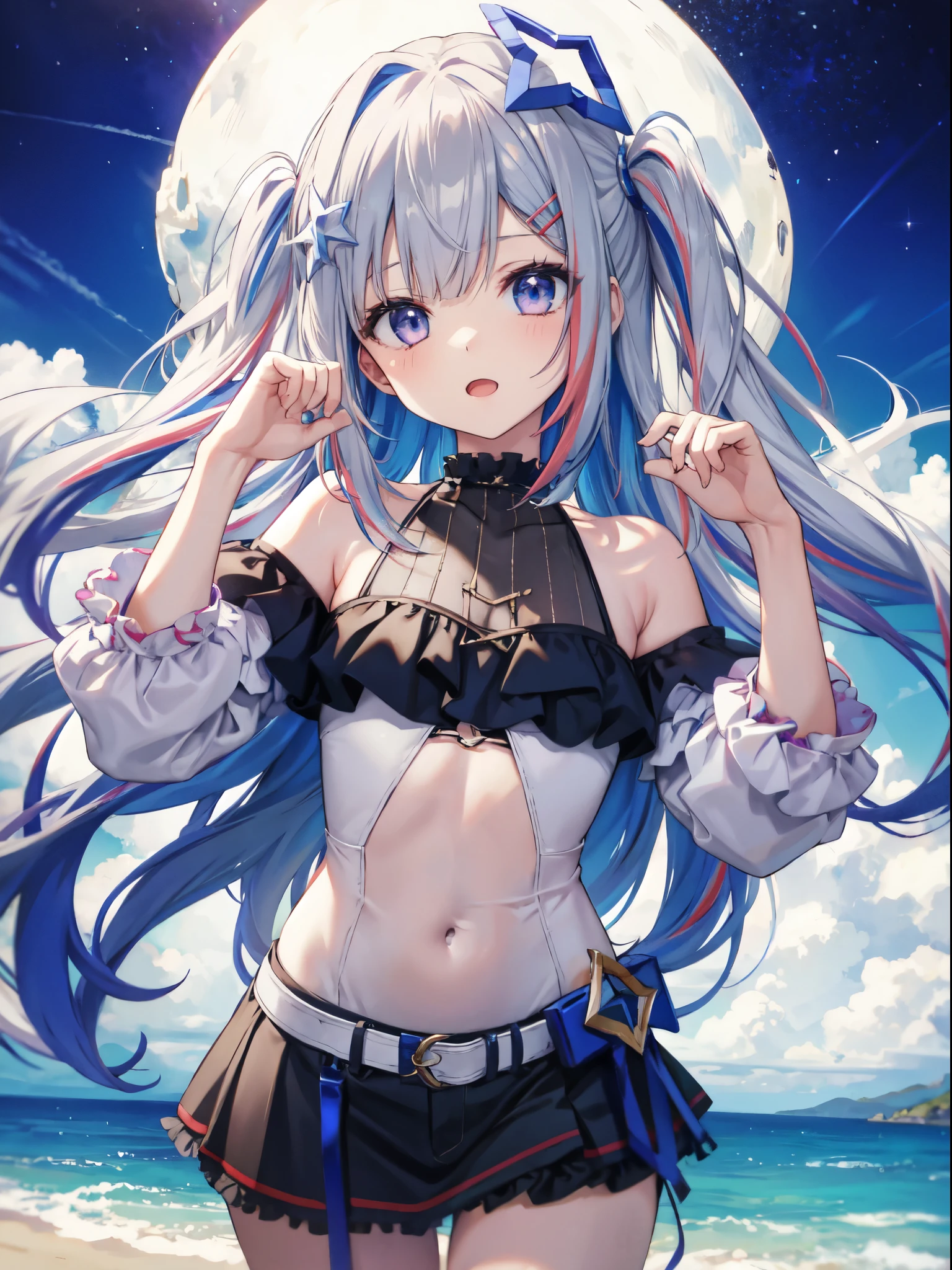 bikini, 1girl, long hair, multicolored hair, official alternate hair length, grey hair, colored inner hair, blue hair, purple eyes, halo, star halo, hair ornament, looking at viewer, bangs, open mouth, two side up, frills, hairclip, cowboy shot, sea, feel awkward, Exposed arms,