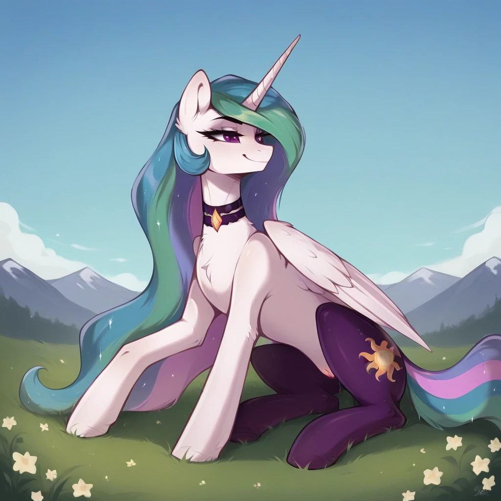 score_9, score_8_up, score_7_up, score_6_up, score_5_up, score_4_up, rating_explicit, outdoors, purple (pantyhose and neck choker), solo, feral pony, princess  celestia, evil smile, closed mouth,BREAK mountain, day, sky, flower, kingdom, blue sky, grass 