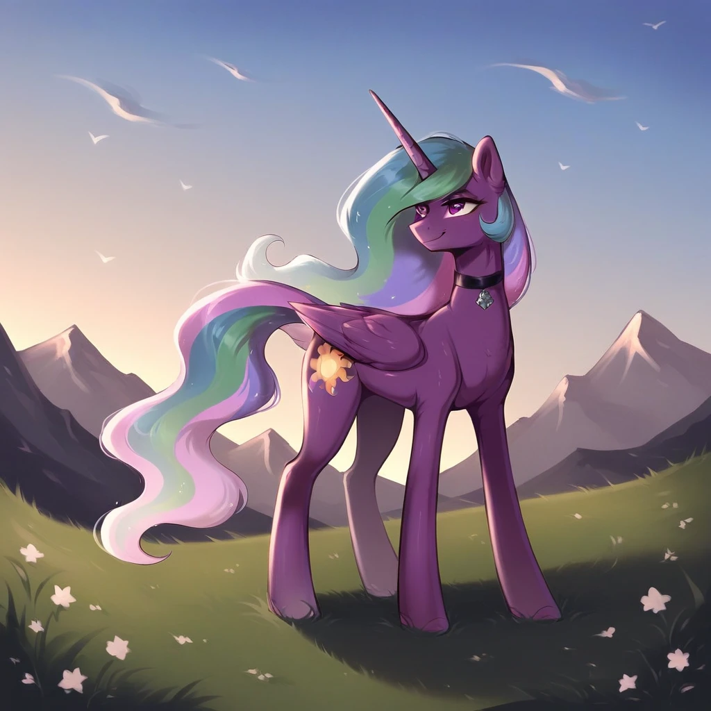 score_9, score_8_up, score_7_up, score_6_up, score_5_up, score_4_up, rating_explicit, outdoors, purple (pantyhose and neck choker), solo, feral pony, princess  celestia, evil smile, closed mouth,BREAK mountain, day, sky, flower, kingdom, blue sky, grass 