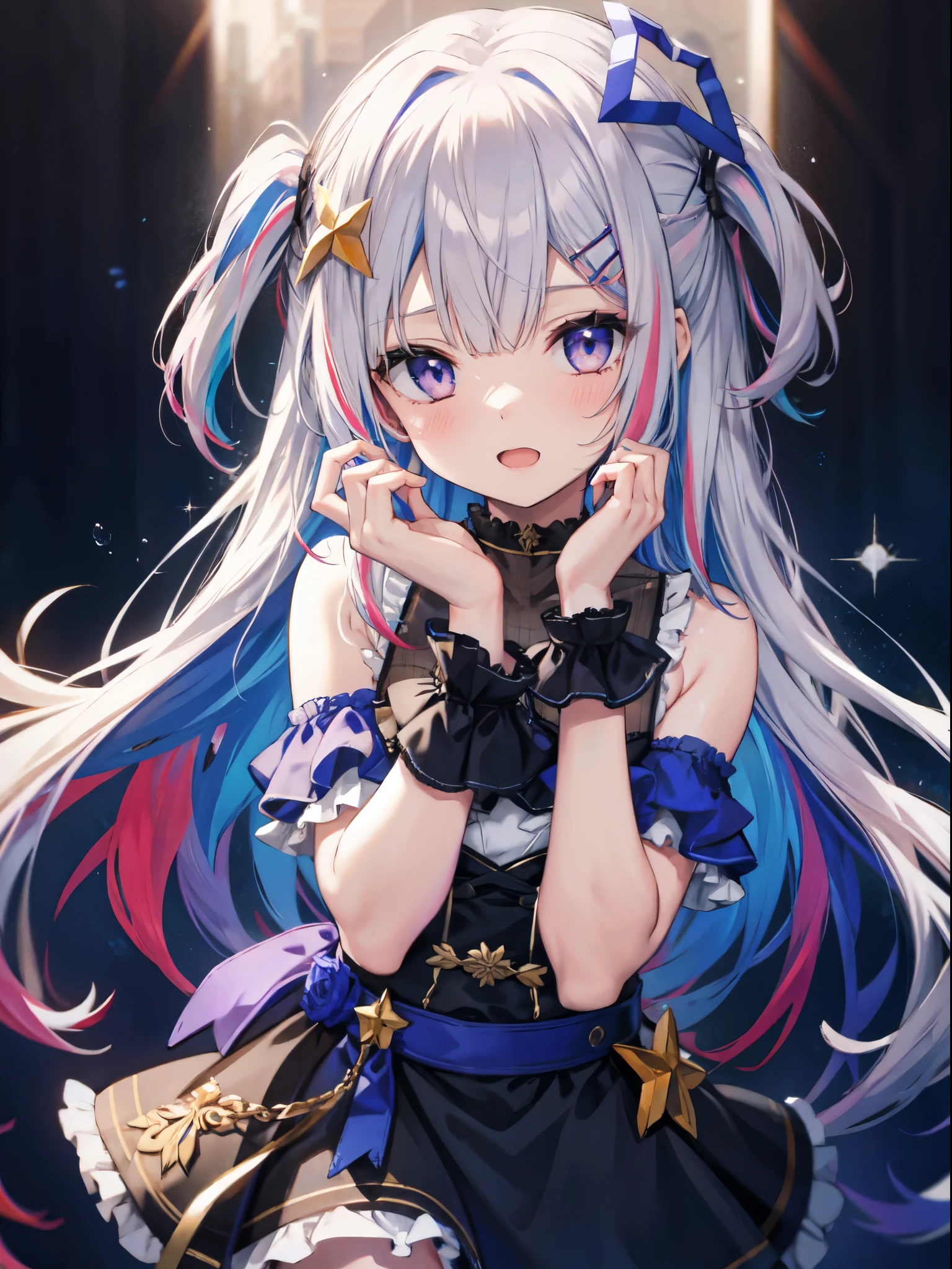 bikini, 1girl, long hair, multicolored hair, official alternate hair length, grey hair, colored inner hair, blue hair, purple eyes, halo, star halo, hair ornament, looking at viewer, bangs, open mouth, two side up, frills, hairclip, cowboy shot, sea, feel awkward, Exposed arms,