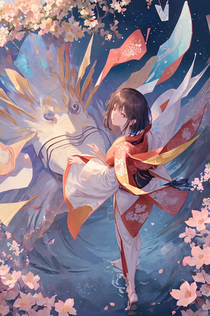 Ultra-delicate, Clear focus, (high resolution), Deformed depth of field blurred background, Detailed background, Perfect layer cutting, Atmospheric distance sense, artistic, (full-body shot/Cowboy shooting/Rear view/Top view/Top view), 8K, wallpaper, Micro light, complicated, familiar, black magician, particle, constellation, Stardust, universe, ((flower)), comfortable peace, peaceful, Japan, Himiko, kimono, With crystal, Fortune Telling, time and space