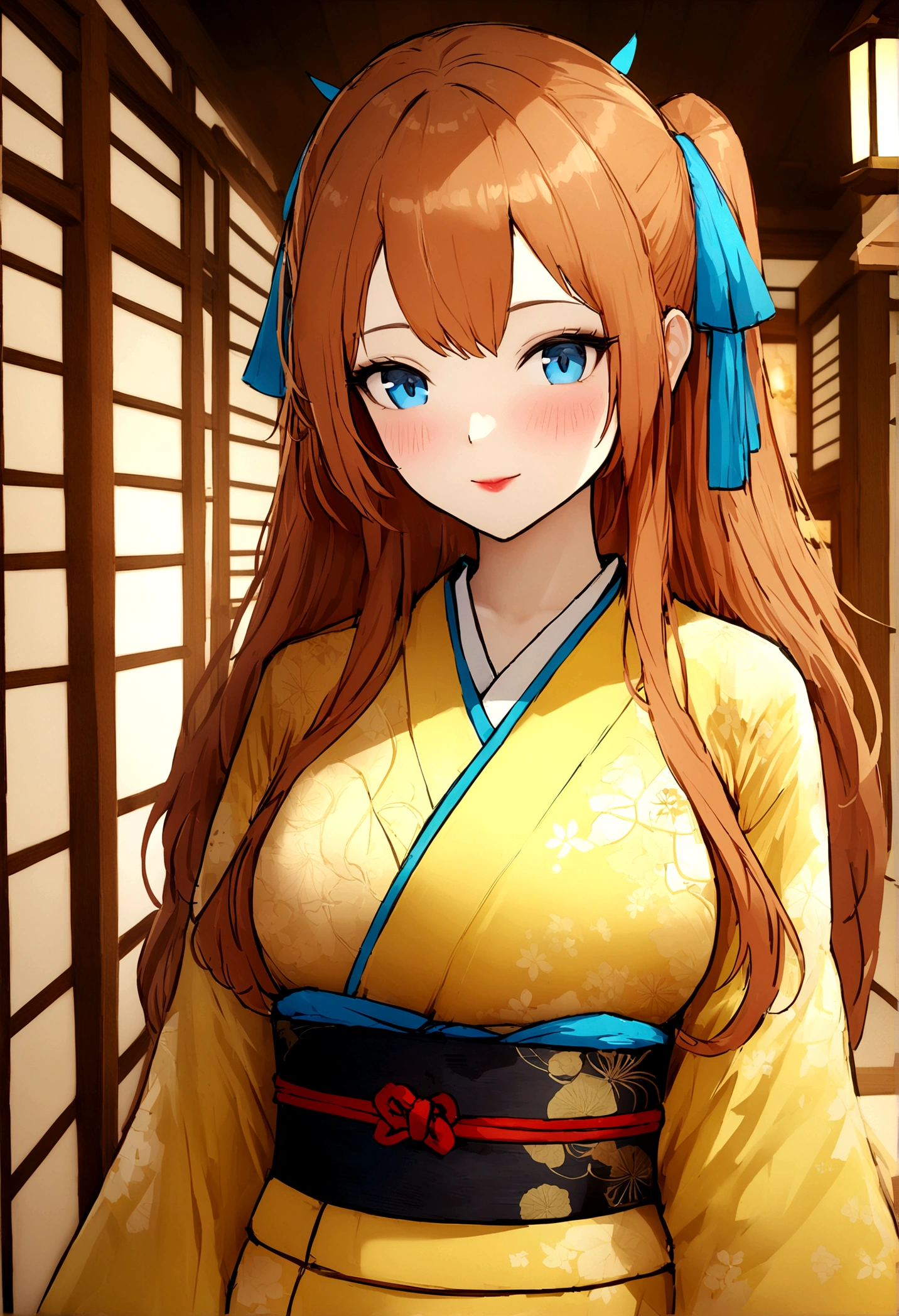 better_QualityPos, CRU photo, details Intricate, better qualidade, 8k hd, soft lighting, 1 girl, standing alone, russet hair, bangss, long hair, hair ribbon, Red loop, blue colored eyes, red lipgloss stick, Japanese clothing, kimono, yellow kimono, long sleeves, wano style, breasts big, cloused mouth, ssmile, blush