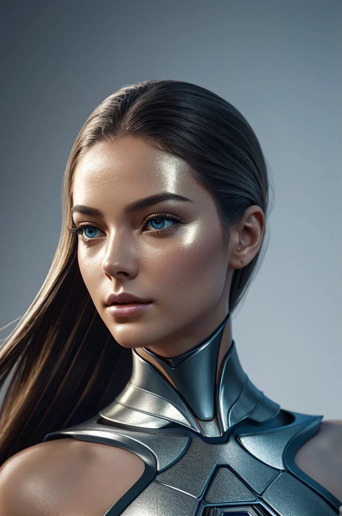 Full body Closeup shot, master shot, A highly detailed, hyper-realistic digital painting of a beautiful, female humanoid AI with a fusion of metallic and realistic skin. She has a flawless, porcelain-like complexion with a slight metallic sheen. Her skin appears to be a seamless blend of organic and inorganic materials, with subtle metallic veins and circuitry visible beneath the surface. 

The AI has a delicate, feminine facial structure with high cheekbones, full lips, and large, expressive eyes. Her irises are a striking, unnatural color, perhaps a glowing blue or green. Her hair is long, silky, and dark, flowing around her face and shoulders in gentle waves. 

The AI's body is slender and graceful, with a humanlike form. However, parts of her body, such as her hands or forearms, are clearly metallic and machine-like, with visible joints and panels. The contrast between the organic and inorganic elements creates a sense of beauty and intrigue.

The AI is posed in a thoughtful or pensive expression, perhaps gazing off into the distance. The background is blurred and indistinct, allowing the viewer to focus on the AI's striking features and unique appearance.

The overall image should convey a sense of wonder, beauty, and the merging of technology and humanity. The AI should appear both human and machine, real and unreal, creating a captivating and thought-provoking visual.