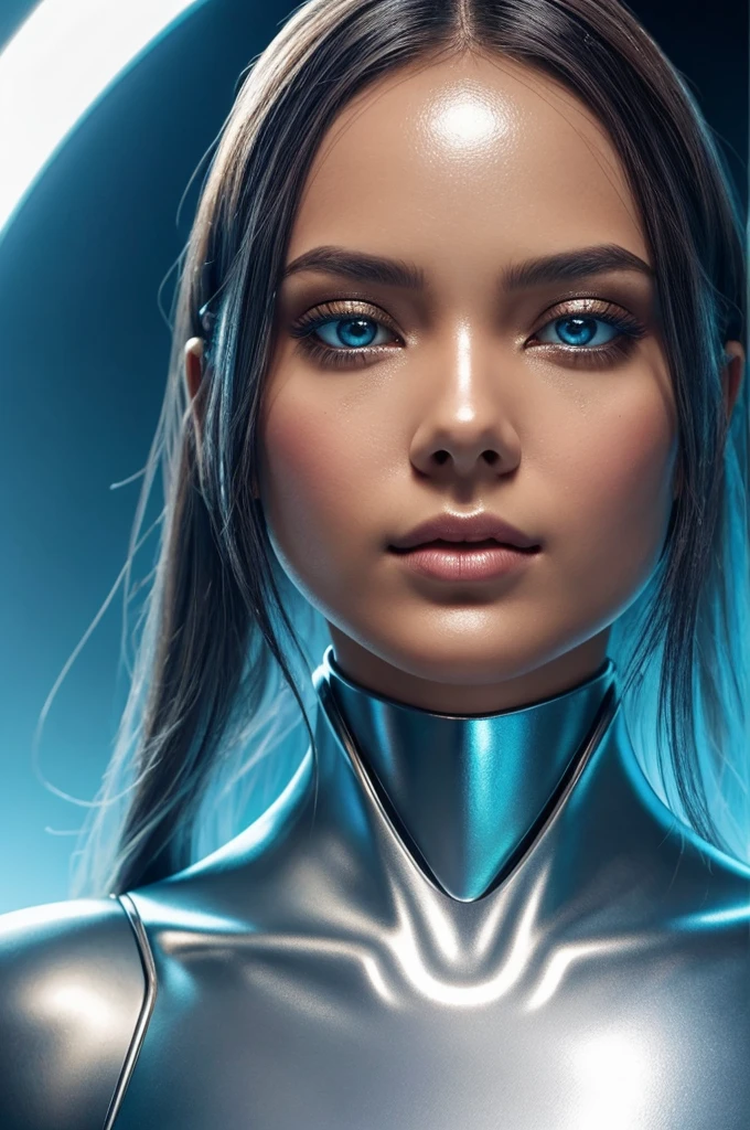 Full body Closeup shot, master shot, A highly detailed, hyper-realistic digital painting of a beautiful, female humanoid AI with a fusion of metallic and realistic skin. She has a flawless, porcelain-like complexion with a slight metallic sheen. Her skin appears to be a seamless blend of organic and inorganic materials, with subtle metallic veins and circuitry visible beneath the surface.
The AI has a delicate, feminine facial structure with high cheekbones, full lips, and large, expressive eyes. Her irises are a striking, unnatural color, perhaps a glowing blue or green. Her hair is long, silky, and dark, flowing around her face and shoulders in gentle waves.
The AI's body is slender and graceful, with a humanlike form. However, parts of her body, such as her hands or forearms, are clearly metallic and machine-like, with visible joints and panels. The contrast between the organic and inorganic elements creates a sense of beauty and intrigue.
The AI is posed in a thoughtful or pensive expression, perhaps gazing off into the distance. The background is blurred and indistinct, allowing the viewer to focus on the AI's striking features and unique appearance.
The overall image should convey a sense of wonder, beauty, and the merging of technology and humanity. The AI should appear both human and machine, real and unreal, creating a captivating and thought-provoking visual.