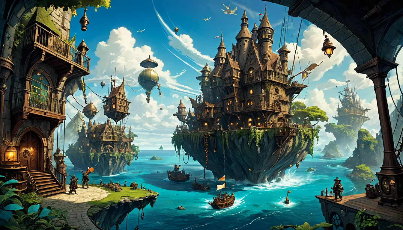masterpiece image of fantsy world with steampunk, fantasy, elvves, furrys, magic and guns, islands floating in the air, dungeons, dragons and adventures, with cool details and spirit