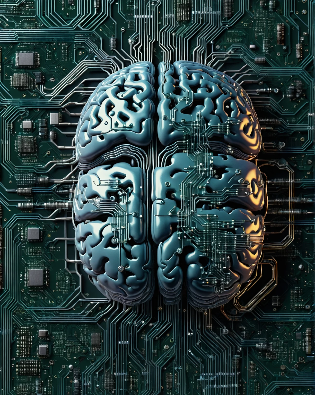 A digital book cover image of A digital brain with circuitry and binary code intertwined, symbolizing the merging of technology and human intelligence, 16K, highly detailed.
