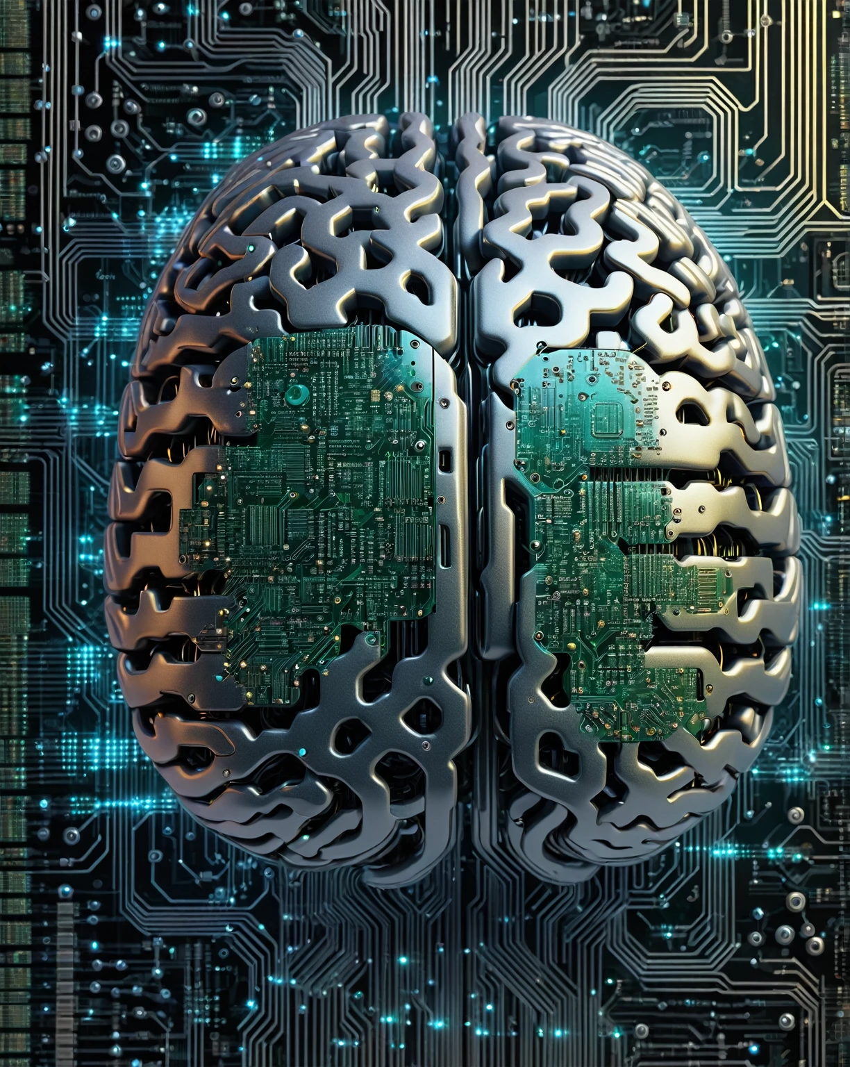 A digital book cover image of A digital brain with circuitry and binary code intertwined, symbolizing the merging of technology and human intelligence, 16K, highly detailed.