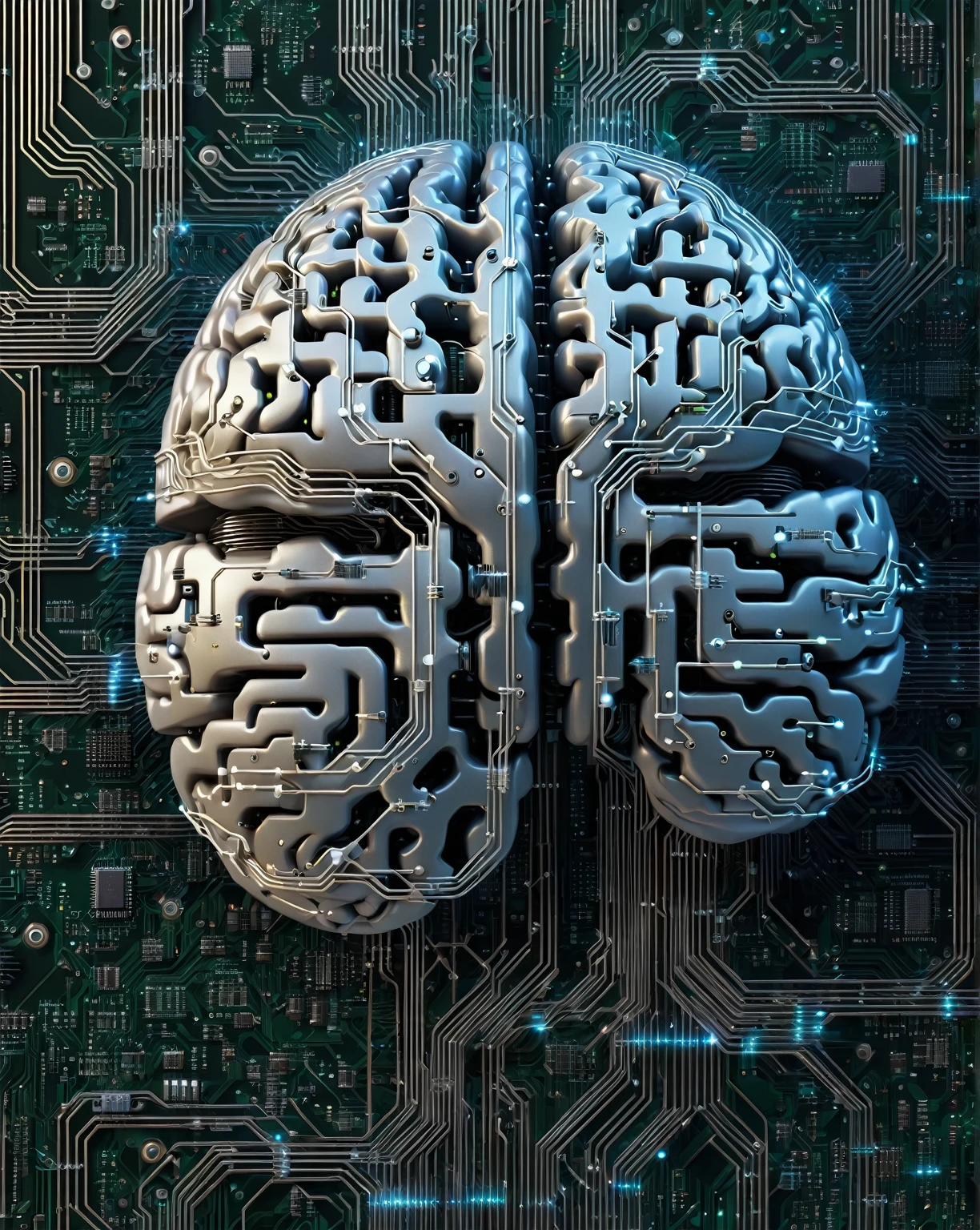 A digital book cover image of A digital brain with circuitry and binary code intertwined, symbolizing the merging of technology and human intelligence, 16K, highly detailed.