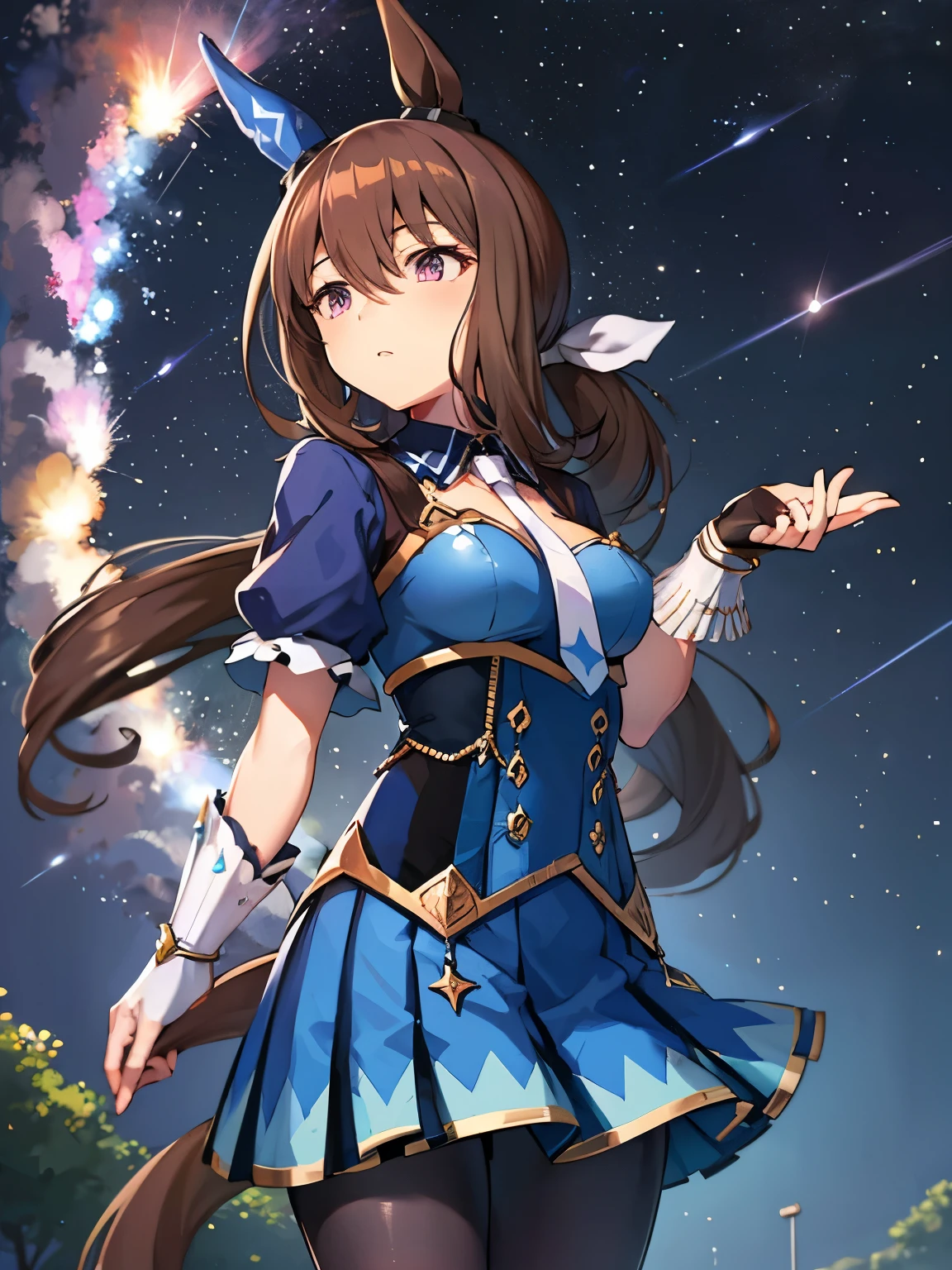 admire vega \(umamusume\) 1 girl, Solo, Best Quality, masterpiece, 8K, High resolution, looking up, stary sky, milky way,, shobufuku, purple eyes, bangs, hair between eyes, ponytail,brown hair, long hair, horse ears, horse girl, horse tail, ear covers, black sleeves, gem, jewelry,
blue skirt, single fingerless glove, black pantyhose, necktie, thigh strap,
