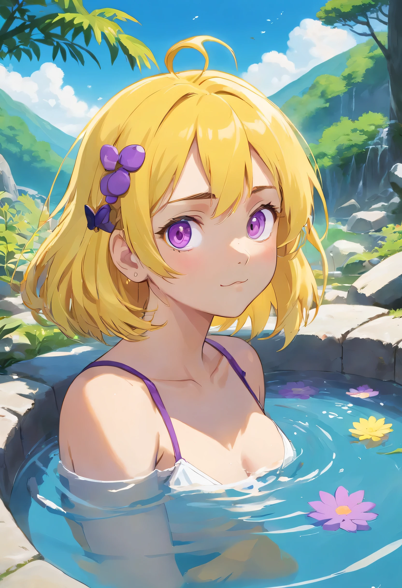 an athletic girl, flat chest, yellow hair, short messy hair, purple eyes, punk, bathing in a hot spring , relaxed